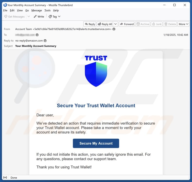 Secure Your Trust Wallet Account Campagne de spam par courrier électronique