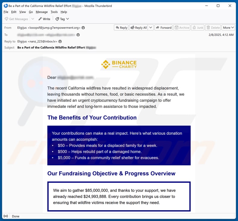 Binance Charity - California Wildfires Fundraiser Campagne de spam par courrier électronique