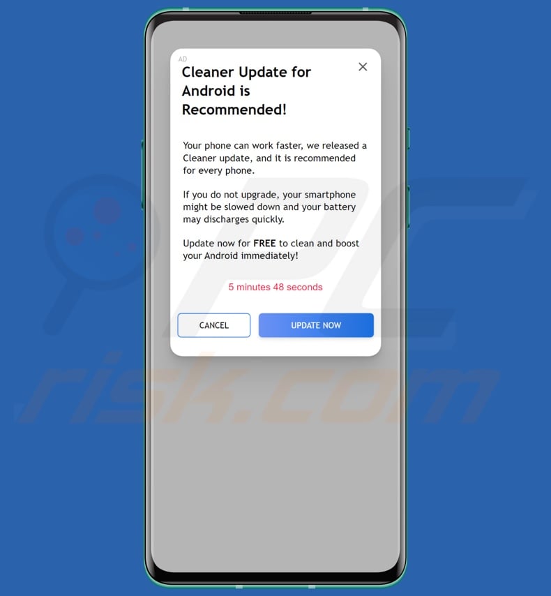 Cleaner Update For Android Is Recommended pop-up escroquerie