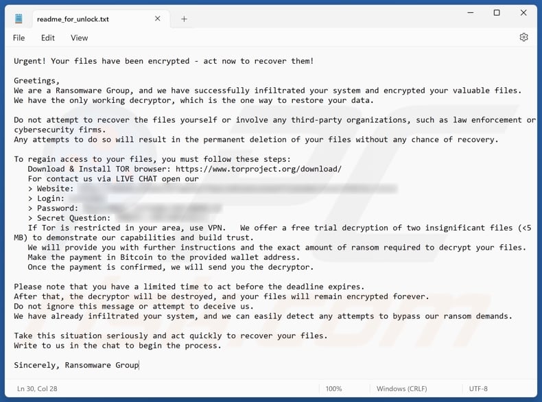 Cloak ransomware note de rançon (readme_for_unlock.txt)