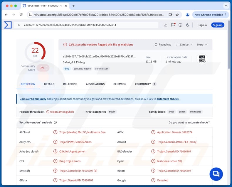 FrigidStealer détections de logiciels malveillants sur VirusTotal