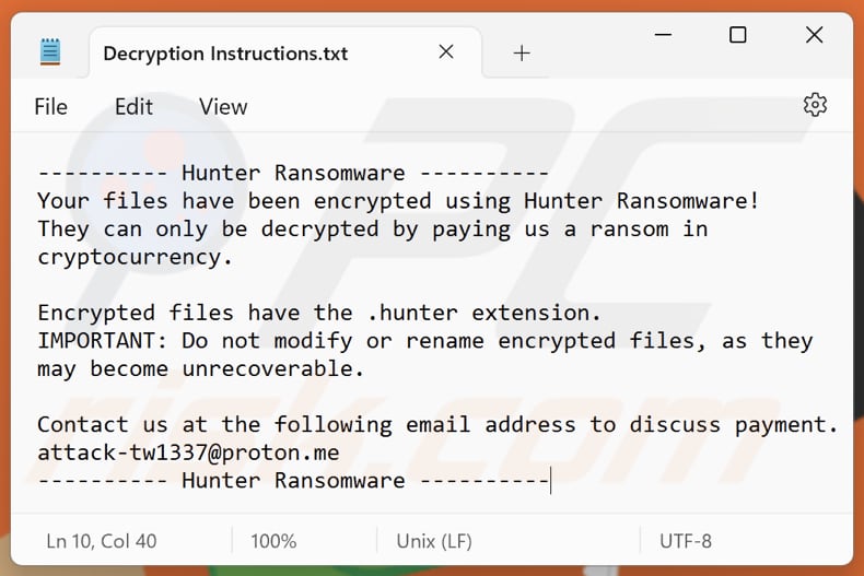 Hunter ransomware fichier texte (Decryption Instructions.txt)