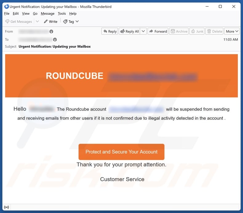 Roundcube Account Will Be Suspended Campagne de spam par courrier électronique