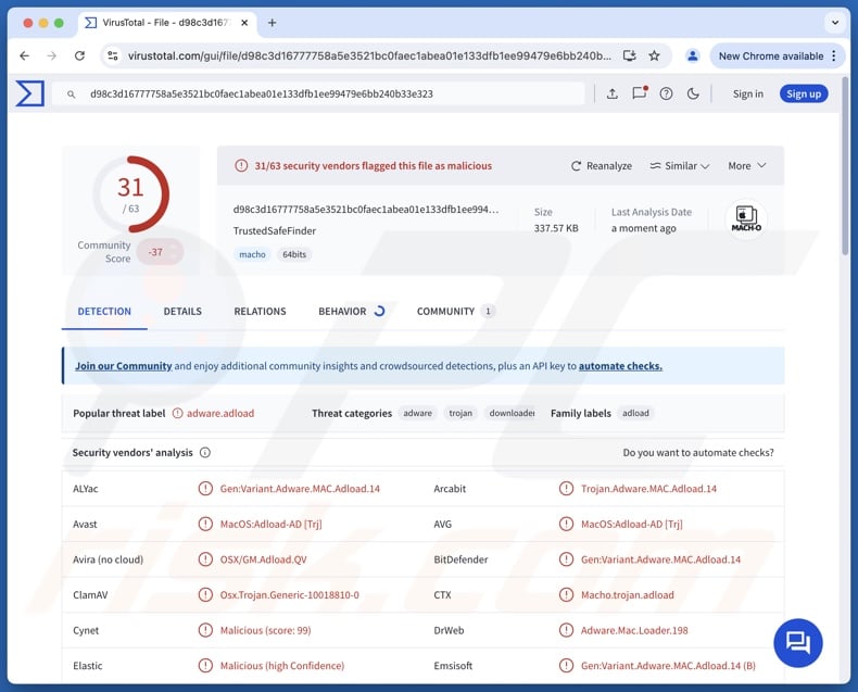 TrustedSafeFinder détections de logiciels publicitaires sur VirusTotal