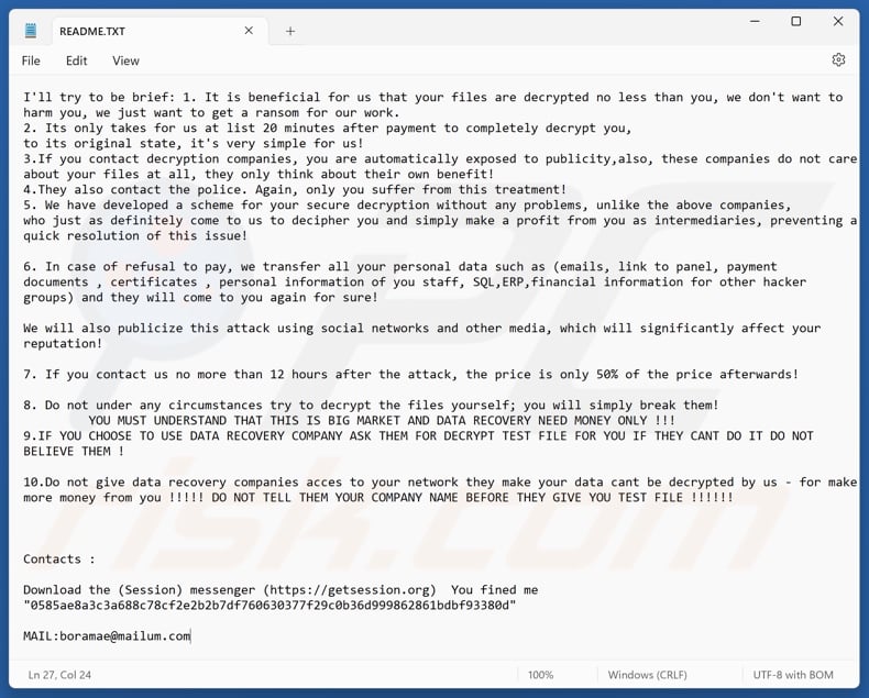 Boramae ransomware note de rançon (README.TXT)