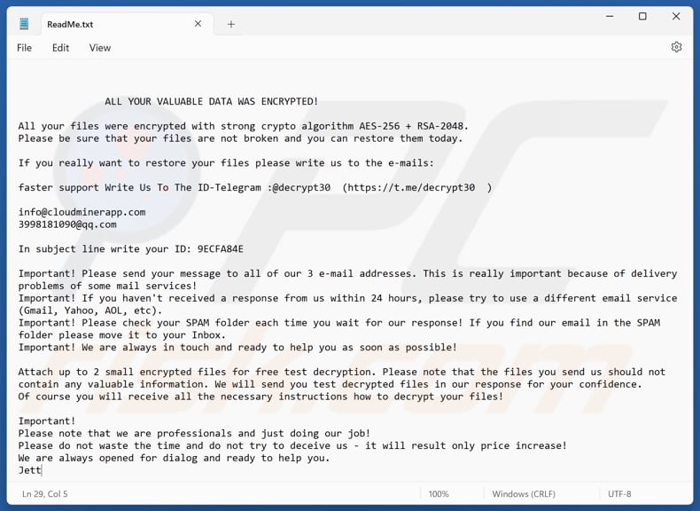 Jett ransomware fichier texte (ReadMe.txt)