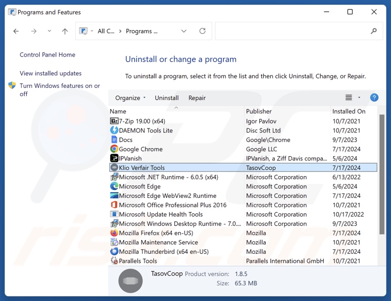 Klio Verfair Tools désinstaller via Control Panel