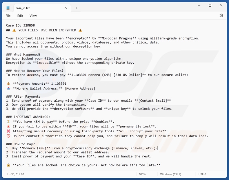 Moroccan Dragon ransomware note de rançon (case_id.txt)
