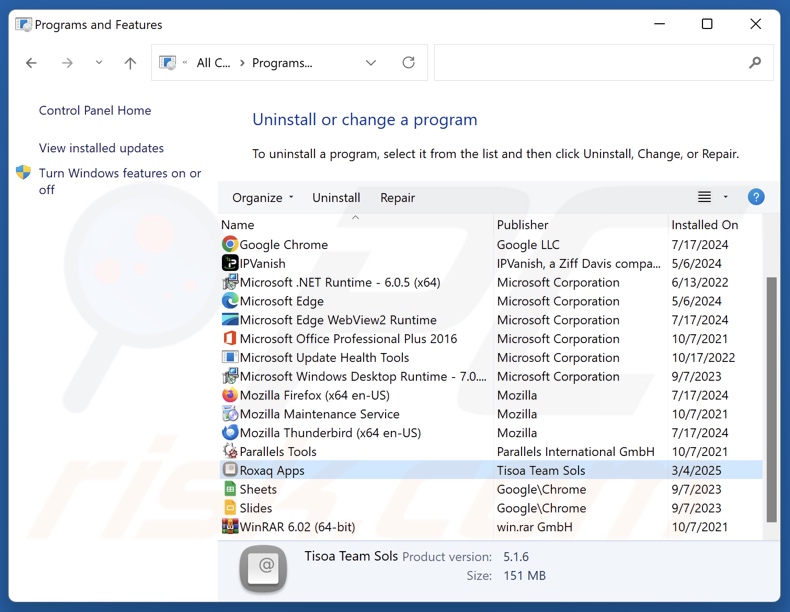 Roxaq Apps désinstaller via Control Panel