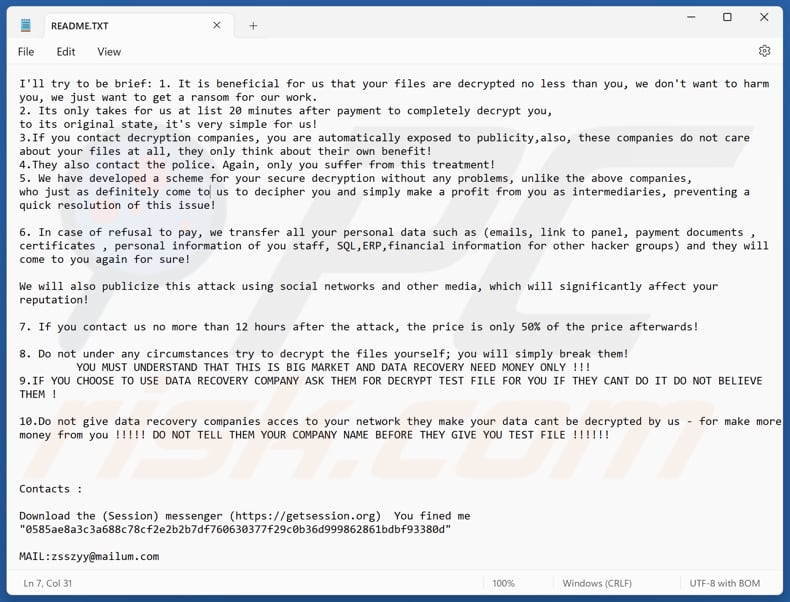 Zsszyy ransomware fichier texte (README.TXT)