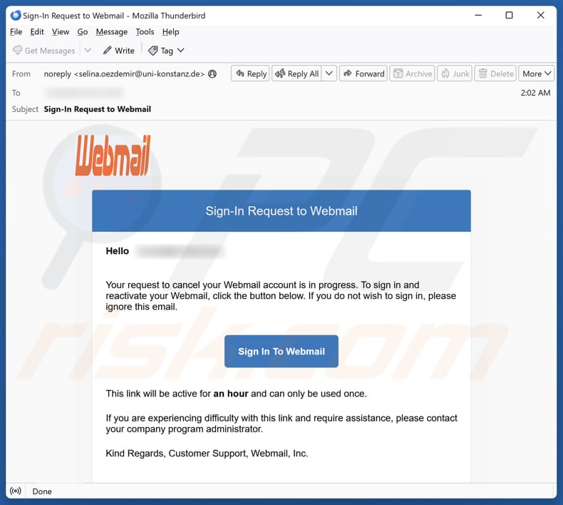 Request To Cancel Your Webmail Account campagne de spam par e-mail