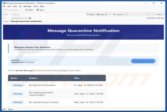 Courriel Arnaque Message Quarantine Notification