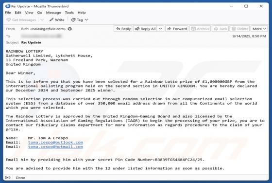 Courriel Arnaque Rainbow Lottery