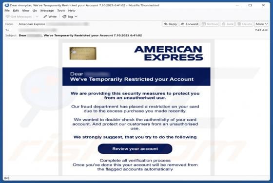 Courriel Arnaque American Express - Account Restricted