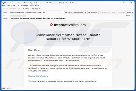 Courriel Arnaque Interactive Brokers Compliance Verification Notice