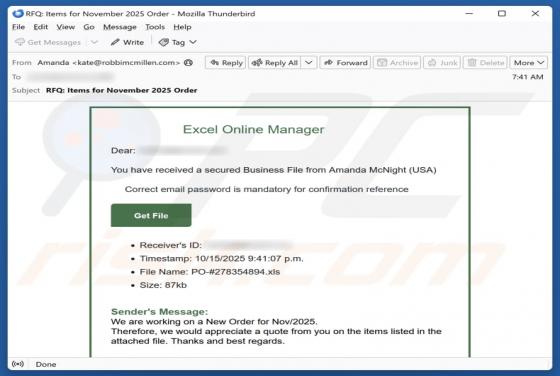 Courriel Arnaque Excel Online Manager
