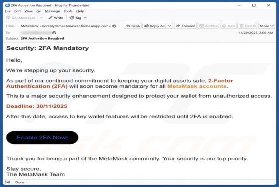 E-mail frauduleux MetaMask 2FA Activation