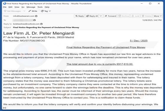 E-mail frauduleux Unclaimed Prize Money