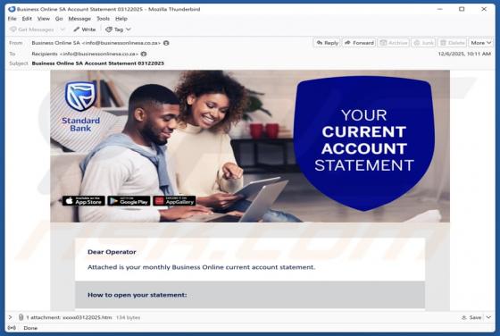 E-mail frauduleux Standard Bank Account Statement