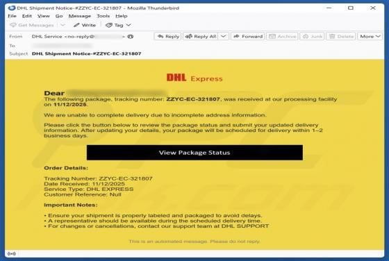 E-mail frauduleux DHL Express - Incomplete Address Information