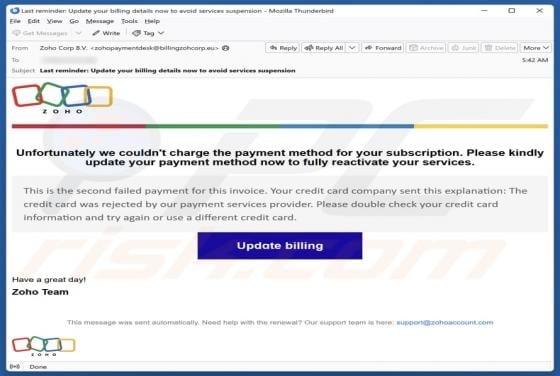 E-mail frauduleux Zoho - Update Your Payment Method