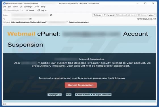 E-mail frauduleux cPanel Account Suspension