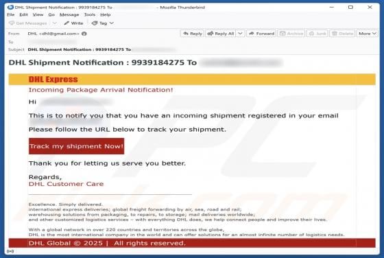 E-mail frauduleux DHL Express - Incoming Package Arrival Notification