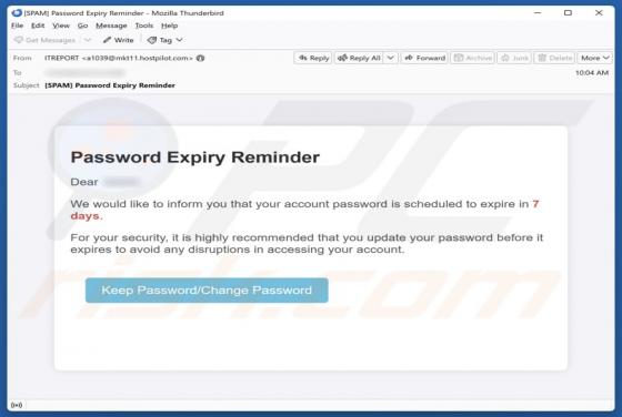 E-mail frauduleux Password Expiry Reminder