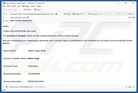 E-mail frauduleux Wells Fargo - Pending Wire Transfer