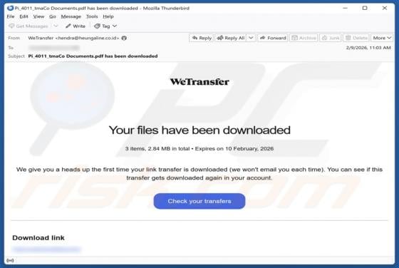 E-mail frauduleux WeTransfer - Your Files Have Been Downloaded