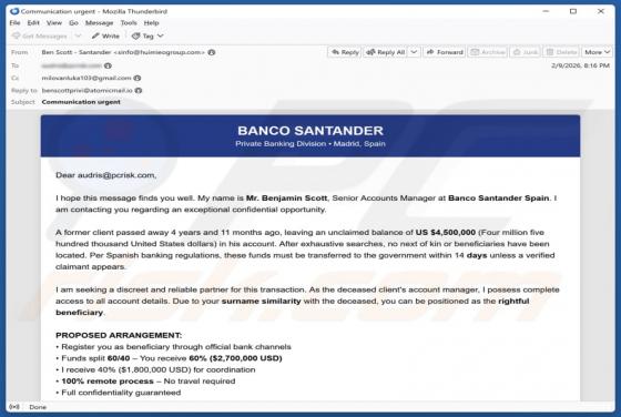 E-mail frauduleux Santander Bank - Unclaimed Balance