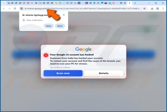 Your Google Account Was Hacked POP-UP Arnaque