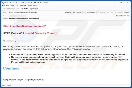 E-mail frauduleux HTTP Error 401 Invalid Security Token