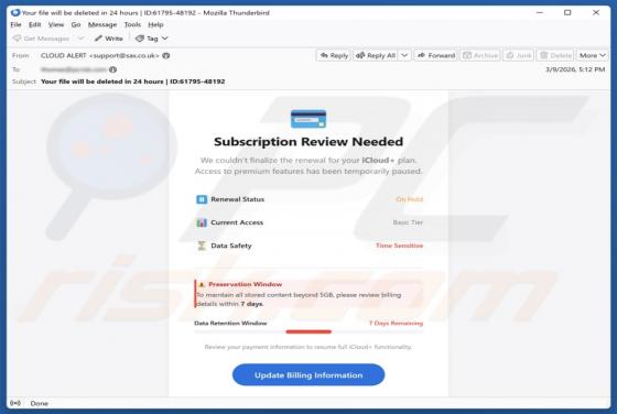 E-mail frauduleux iCloud Subscription Review Needed