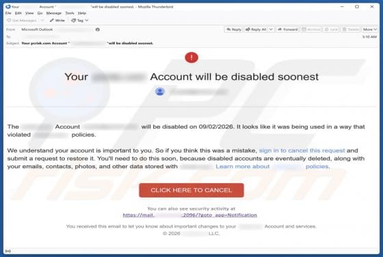 E-mail frauduleux Your Account Will Be Disabled