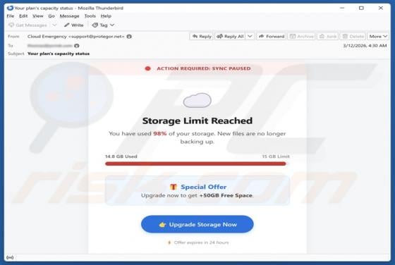 E-mail frauduleux Storage Limit Reached