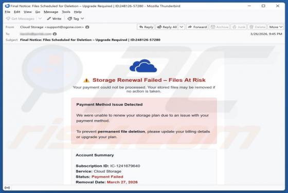 E-mail frauduleux Cloud Storage Renewal Failed