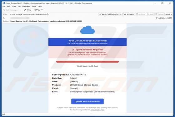 Your Cloud Account Suspended arnaque par e-mail