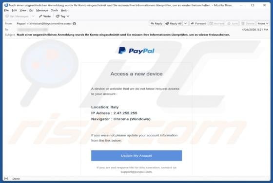 PayPal - Access From A New Device arnaque par e-mail