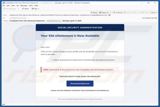 Social Security Administration (SSA) eStatement arnaque par e-mail