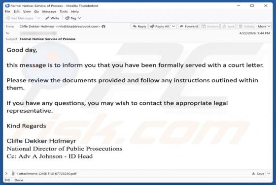 You Have Been Served With A Court Letter arnaque par e-mail