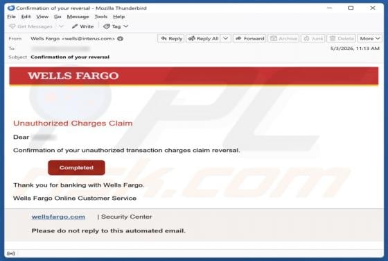 Wells Fargo - Unauthorized Charges arnaque par e-mail