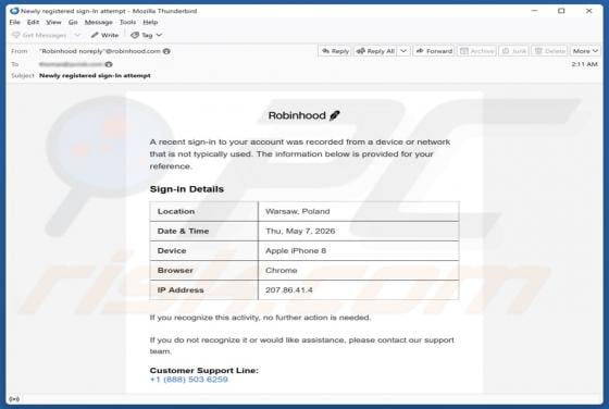 Robinhood Unrecognized Sign-In arnaque par e-mail