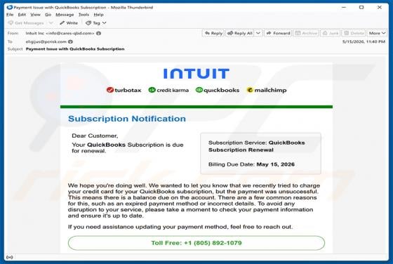 Intuit QuickBooks Subscription Is Due For Renewal arnaque par e-mail