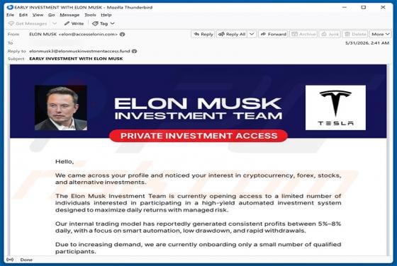 Elon Musk Investment Team arnaque par e-mail