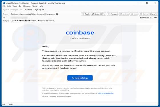 Coinbase - Disablement Of Inactive Accounts arnaque par e-mail