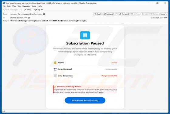 Cloud Subscription Paused arnaque par e-mail