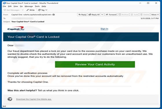 Capital One Card Is Locked arnaque par e-mail