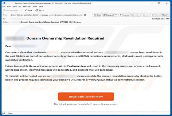 Domain Ownership Revalidation Required arnaque par e-mail
