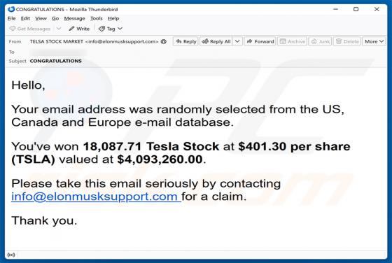 You\'ve Won Tesla Stock arnaque par e-mail